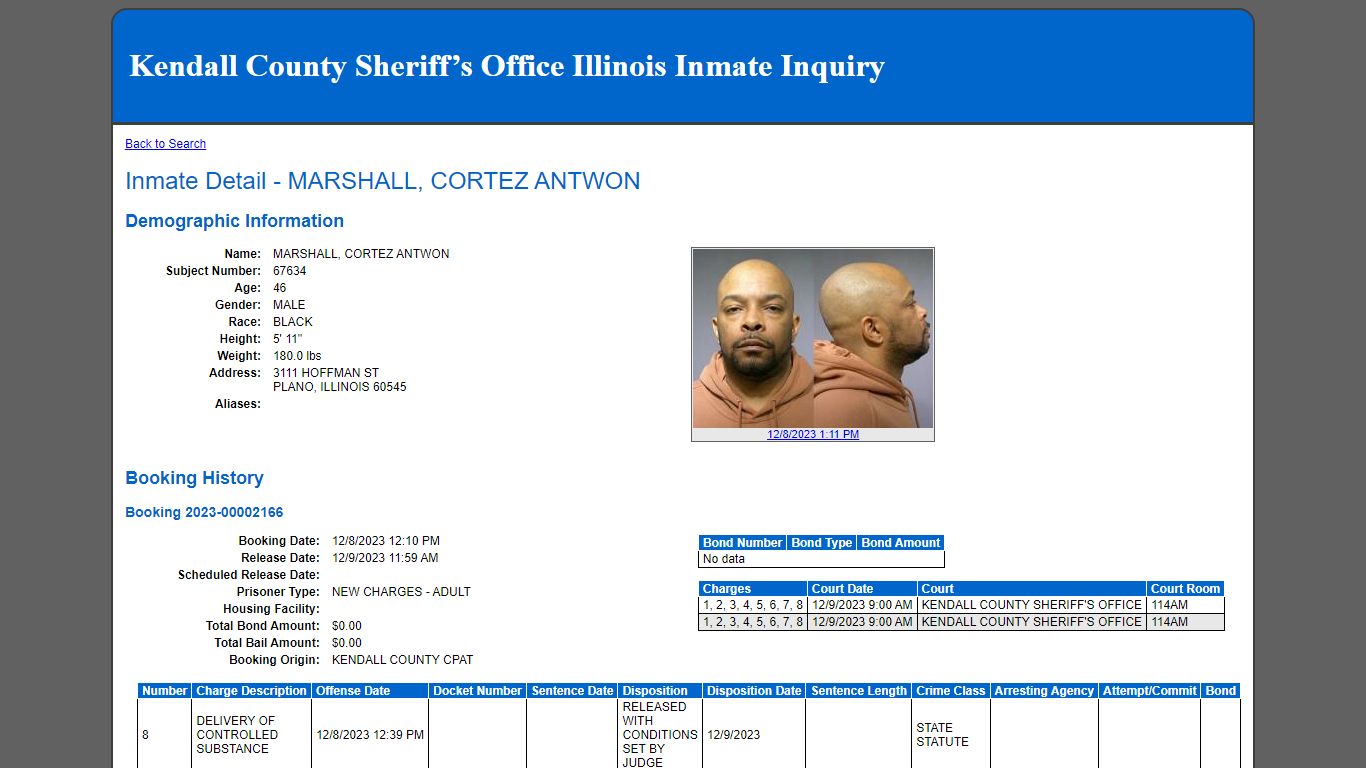 Inmate Detail - MARSHALL, CORTEZ ANTWON